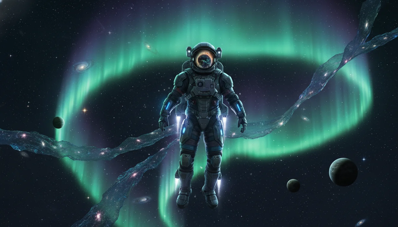 An astronaut floating in space with aurora borealis behind them