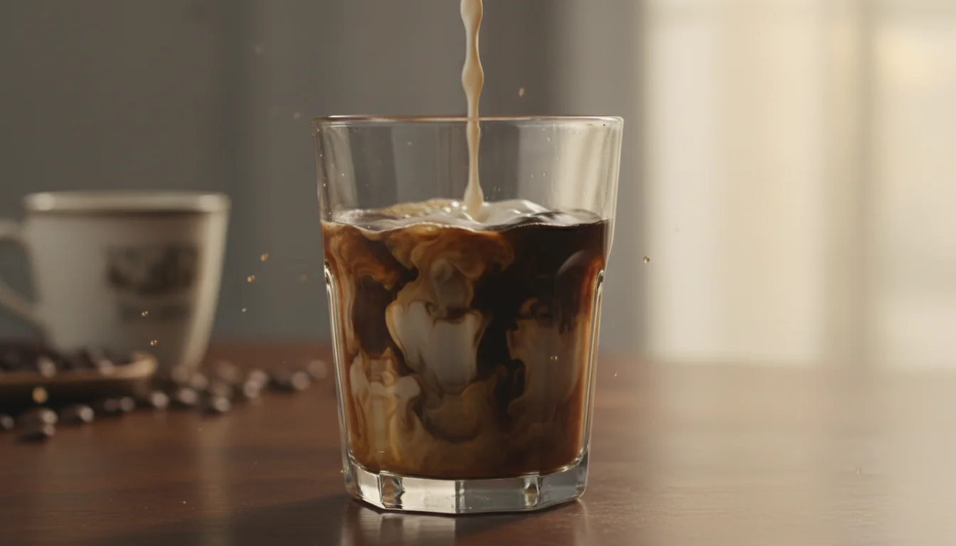 Slow motion coffee being poured into a glass with cream swirling