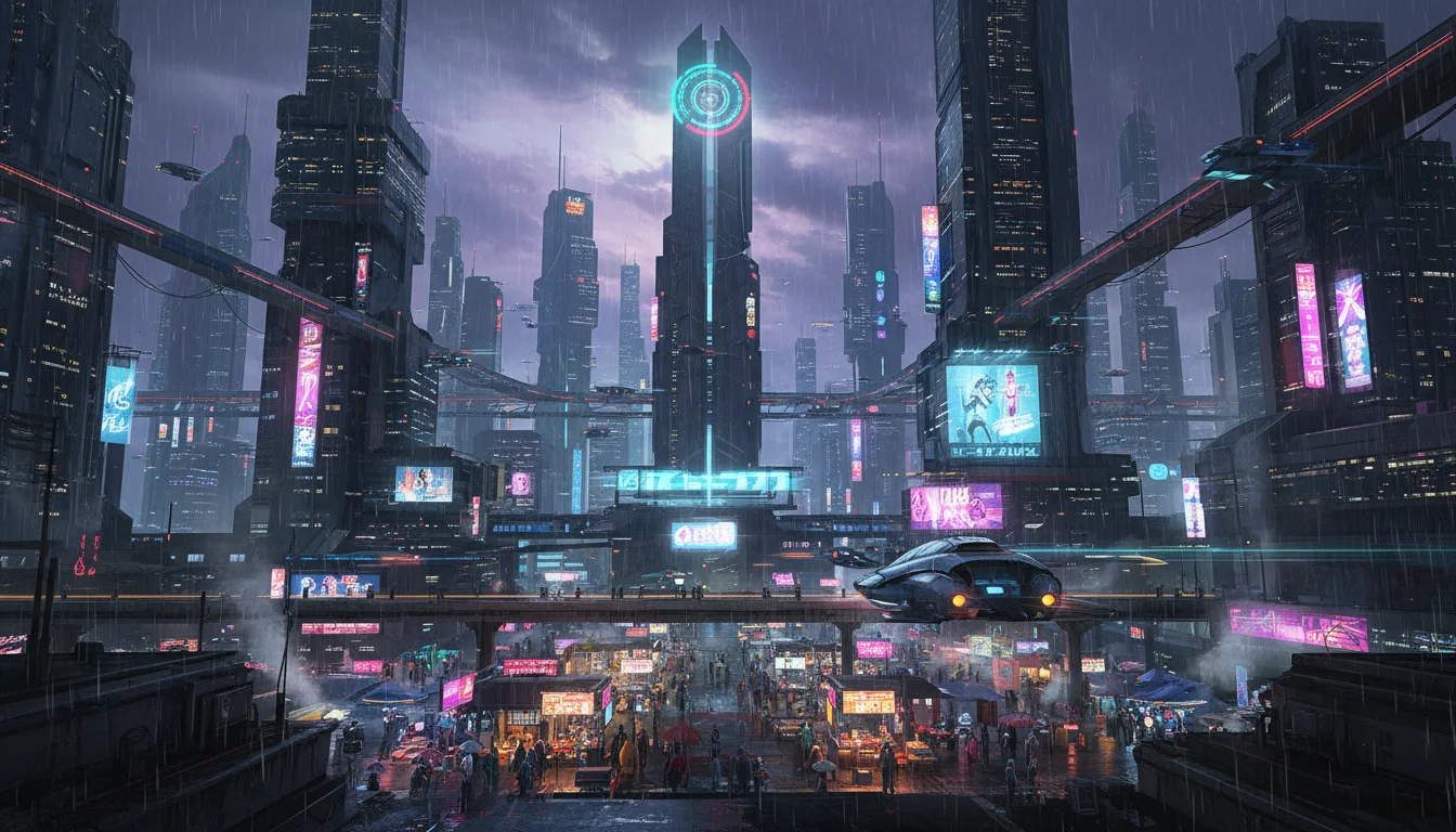 A neon-lit cyberpunk city at night with flying cars and rain