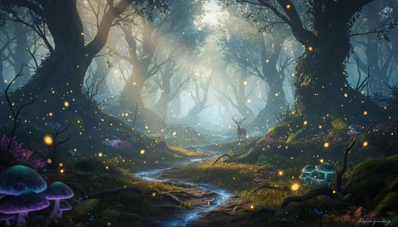 A mystical forest path with glowing fireflies and morning mist