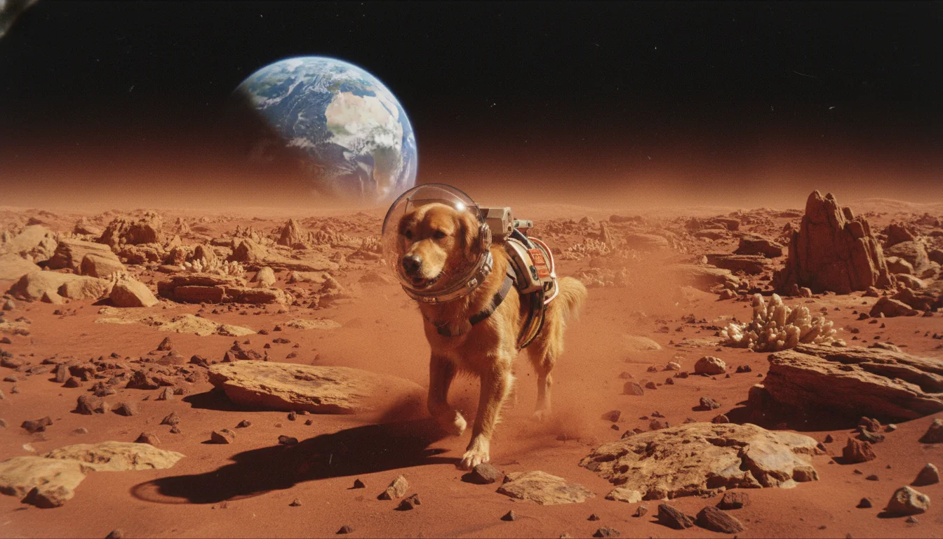 A golden retriever walking on Mars with Earth in the background