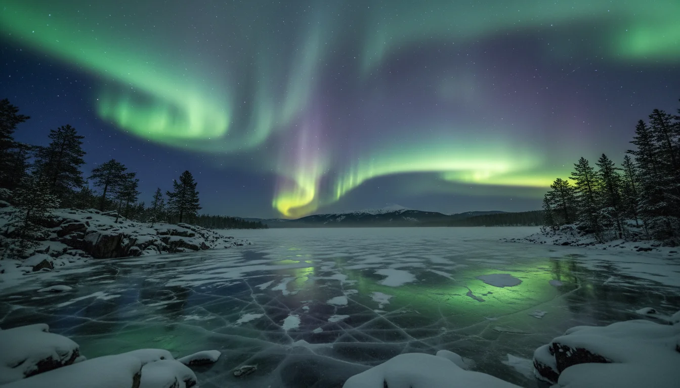 Northern lights dancing over a frozen lake with reflections