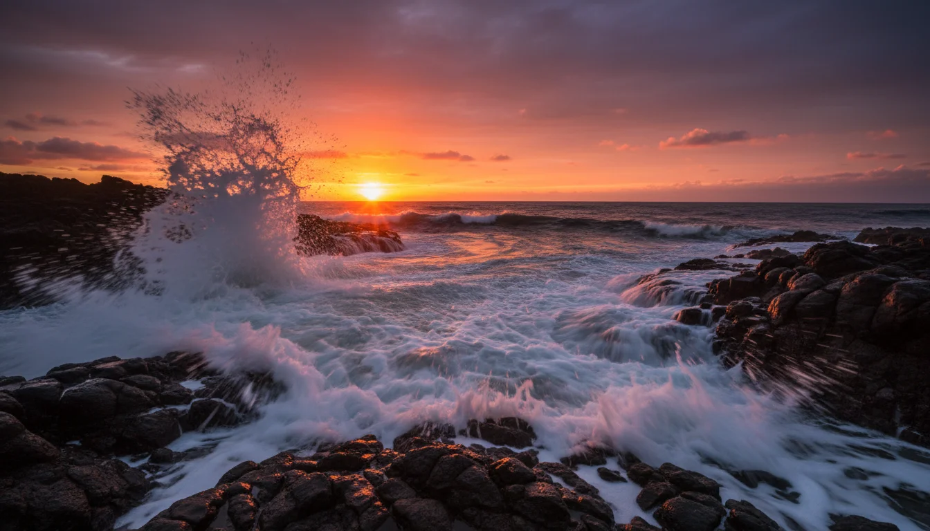 Slow motion ocean waves crashing against volcanic rocks at sunset