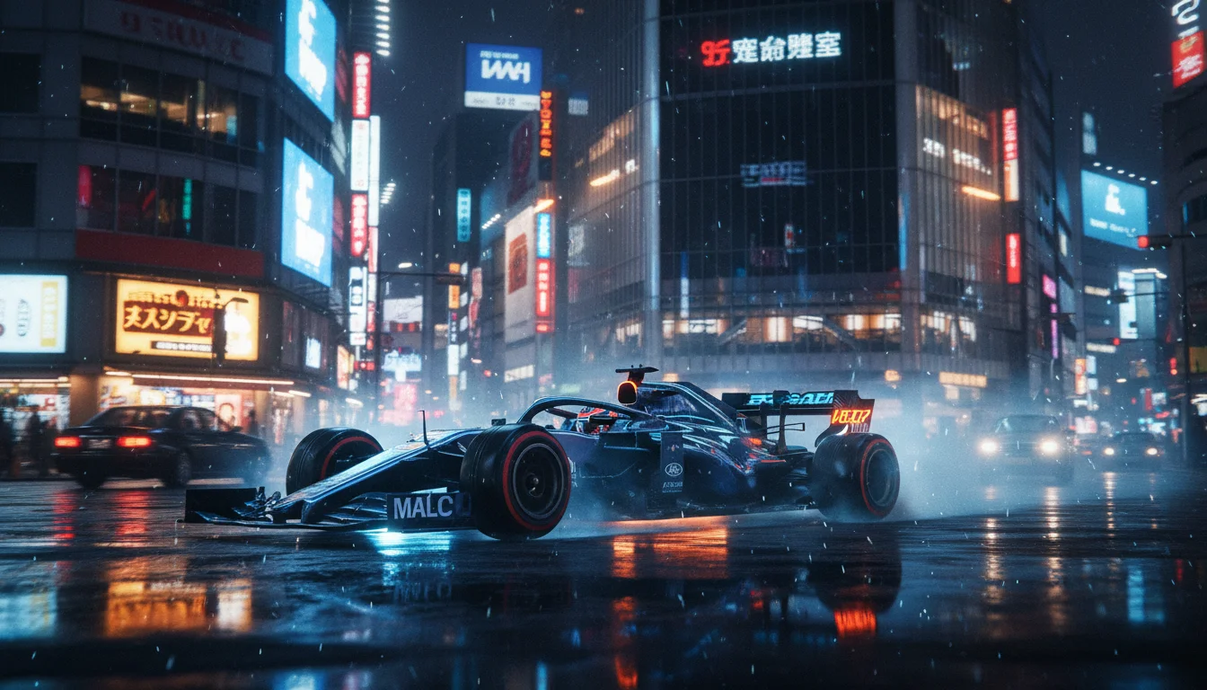 A Formula 1 car drifting through neon Tokyo streets at night